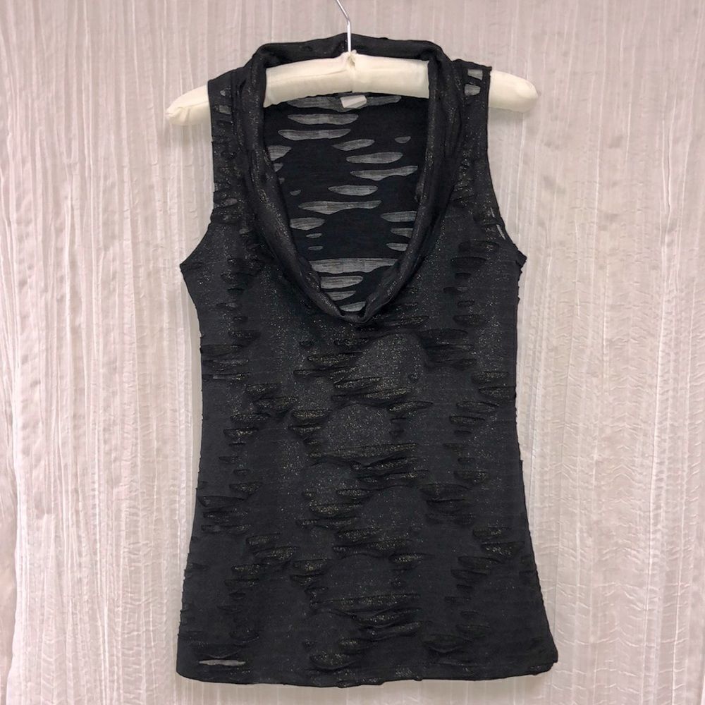 daytrip S Black Gold Metallic Distressed Sleeveless Cowl Neck Tank